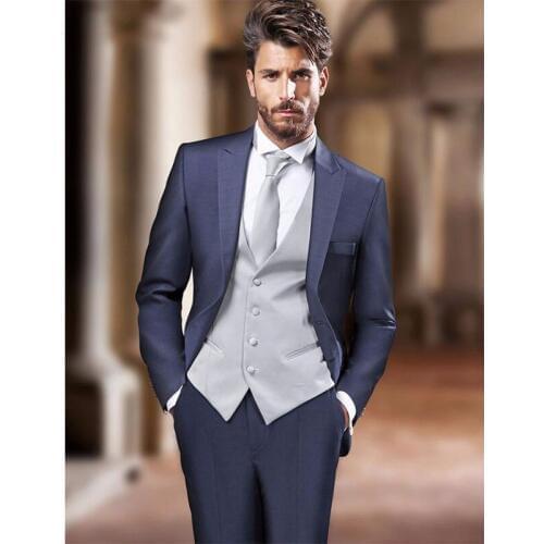 Custom Made Groomsmen Peak Lapel Groom Tuxedos Navy Blue Men Suits Wedding Best Man Blazer (Jacket+Pants+Tie+Vest) B981