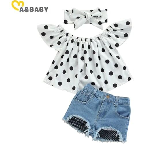 Ma&Baby Summer Kid Girl Clothing Set Dot Ruffles T shirt Top Mesh Denim Shorts Jeans Outfits Clothes Costumes DD15