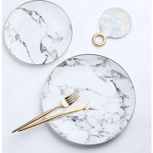 Marble Texture Ceramic Plates Nordic Porcelain Cake Dessert Plate Overglaze Pasta Steak Dishes Hotel Restaurant Serving Tray