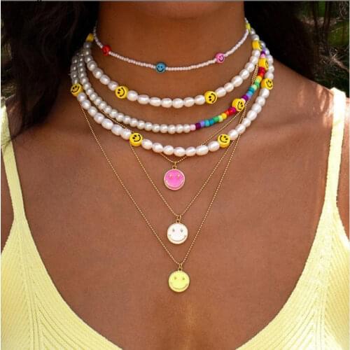 New Ins Vintage Colorful Smiley Necklace Simple Cute Drop Oil Smile Happy Face Necklaces For Women Girls Fashion Jewelry Gift