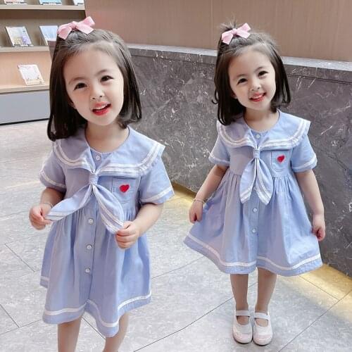 Blue Pink Girls Pricess Dress Embroidered Summer Cotton Dress for 1-6 Years Korean Preppy Style Baby Girl Short-sleeved Skirt