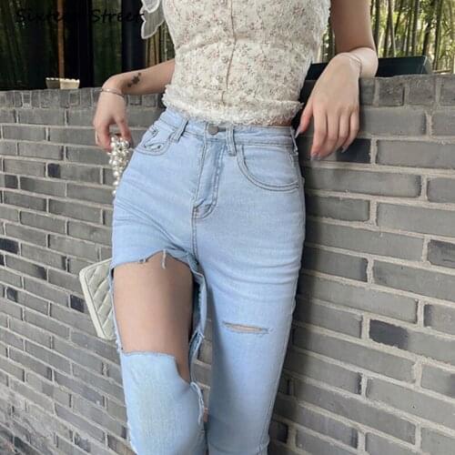 Ripped Y2k Jeans Woman High Waist Elastic Denim Pencil Pant Woman Korean Show Slim Chic Vintage Hole Skinny Jeans Mom