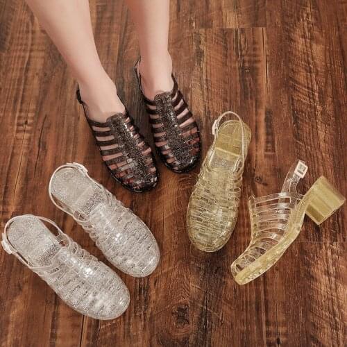 Mid-heel Transparent Crystal Sandals Women High Heel Slippers Non-slip Beach Shoes Girls Closed Toe Shoes Waterpoor Sandals