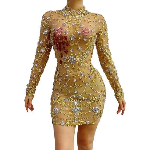 Sexy women stage show dance costume Sparkly gold party evening dress singer club bar dj dresses