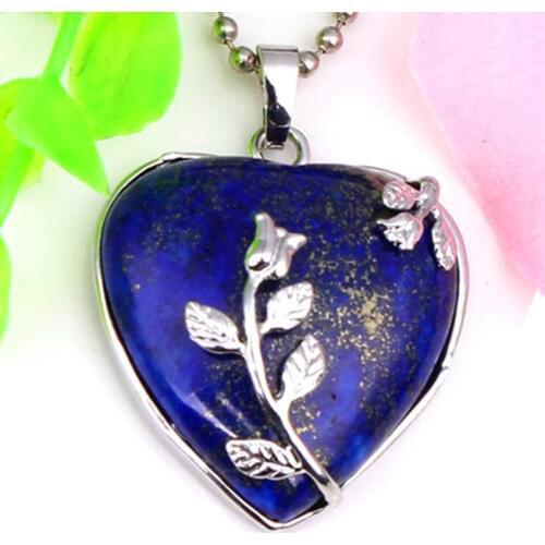 Trendy-beads Romantic Style Silver Plated Lapis Lazuli Stone Inlay Flower Forever Love Heart Pendant Charm Jewelry