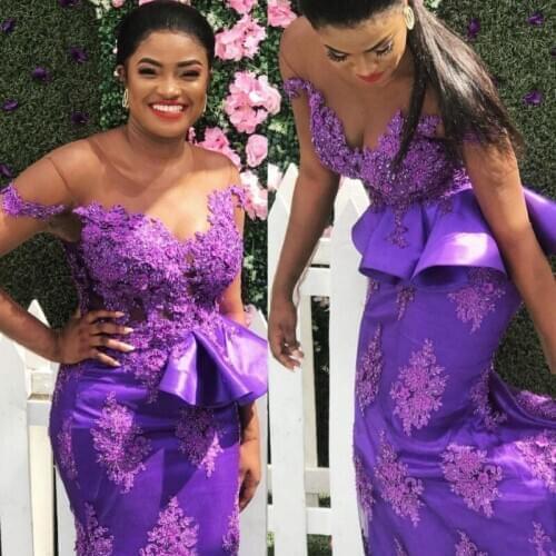 South African Mermaid Evening Dresses With Sheer Neckline Purple Lace Appliques Plus Size Prom Dress Peplum Capped Robe De Soire