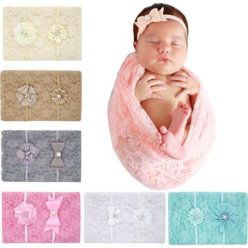 Top Quality Newborn Baby Lace Receiving Blankets Nurseling Photo Props Pearl Headbands Wrapped Towel Set Gift For Infants Kids
