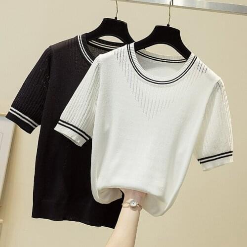 2021 Summer New Fashion Korean O neck Hollow top Slim Pullover Knitted T shirt Women Short Sleeved Thin Women T-shirt Tee Shirt