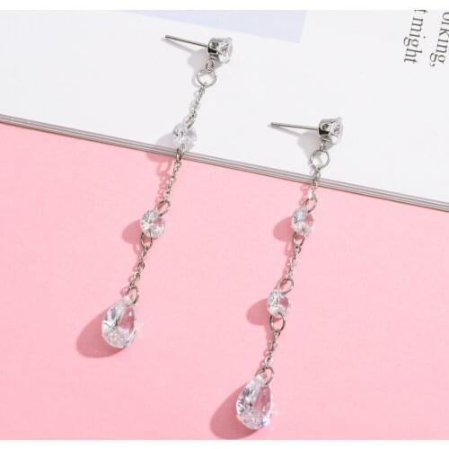 ZMZY Fashion Thin Long Chain CZ crystal Earring Geometric Earrings For Women Elegant Stainless Steel Earrings femme Jewelry Gift