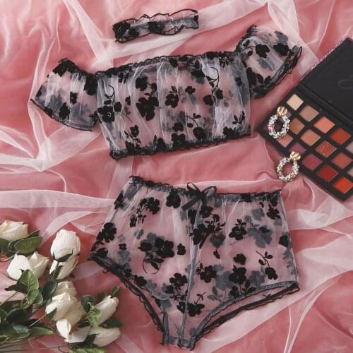 Women Exquisite Mesh Lingerie Bra+Briefs Set Babydoll Cut-Out Sleepwear