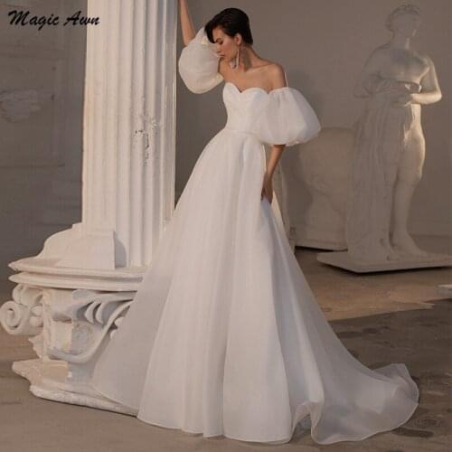 Magic Awn White Organza Wedding Dresses Sweetheat Detachable Puffy Sleeves A-Line Boho Bridal Gowns For Women Lace-up Back Robes