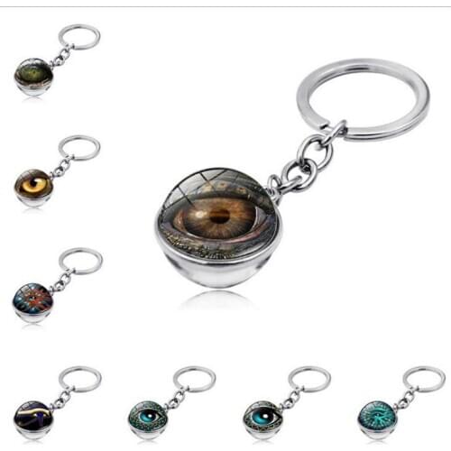 WG 1pc Cats Eye Time Jewel Keychain Pendant Cabochon Glss Ball Metal Keyring Evil Eye Keychain For Friends Jewelry Gift