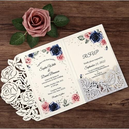 50pcs Silver Wedding Invitation Customized Printed Cards with Glitter Laser Cut Wedding Invitation Pocket