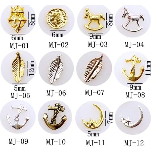 50pcs/pack metal nail art crown triangle coin trojan horse leaf anchor moon star for 3d jewelry nails sticker decoration art tools