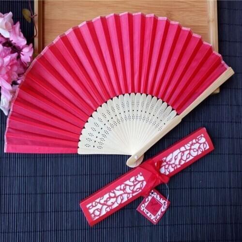 500 Pcs Custom Luxury Silk Hand Fan in Elegant Laser Cut Gift Box + Party Favors / Wedding Gifts + Silk screen