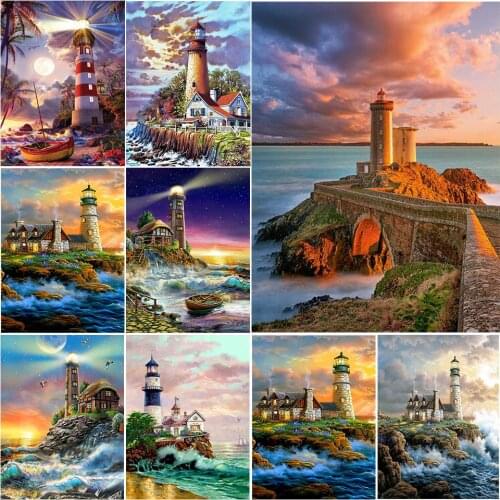 5D DIY Diamond Painting Lighthouse sea Cross Stitch Kit Full Drill Embroidery Landscape Mosaic Picture of Rhinestones Decoration
