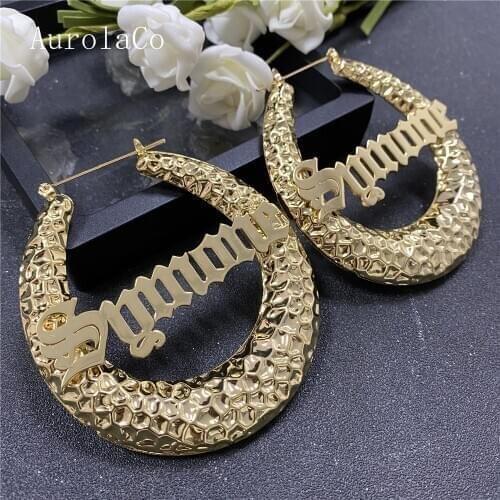 AurolaCo 70mm Stainless Steel Bamboo Hoop Earrings Customized Name Earrings Bamboo Style Custom Earrings for Women Gift
