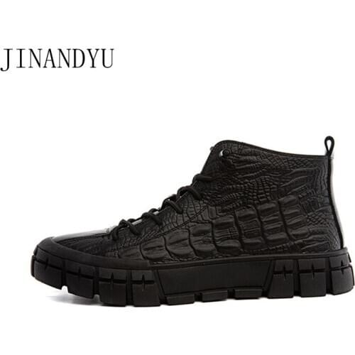 Genuine Leather Black Leather Shoes Men Platform Boots Outdoor Shoes for Men Casual Leather Boots Crocodile Print Ankle Boots