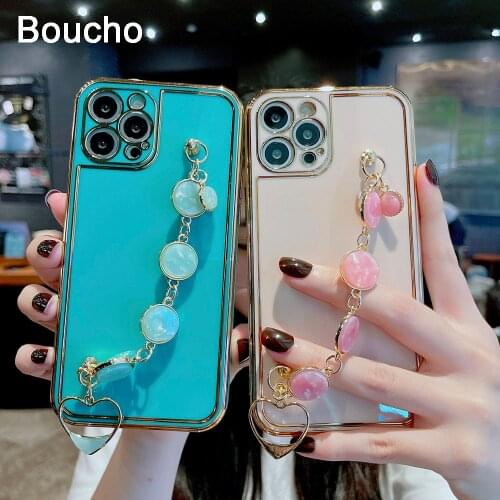 For iPhone 12 Pro Cases luxury Plating Phone Case For iPhone 11 Pro Max XS Max X XR 8 7 Plus With pearl Wrist Chain Soft Cover