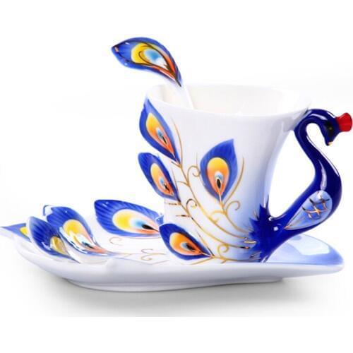 Peacock Mugs Ceramic Painting Creative Bone China 3D Color Emamel Porcelain Saucer Spoon Coffee Tea Sets Christmas Gift