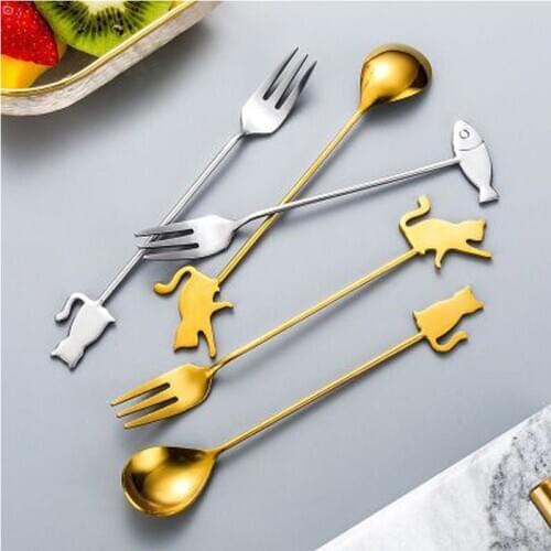 Kitchen Supplies Tableware Cute Cartoon Cat Stainless Steel Ice Cream Fruit Dessert Coffee Fork Spoon Teaspoon