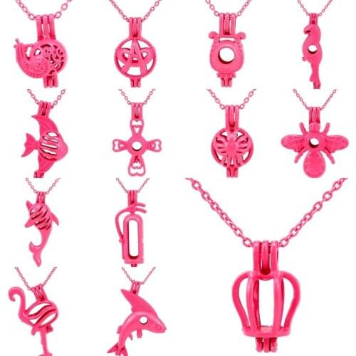 Hot Pink Animals Crown Insect Ocean Flying Fish Beads Cage Essential Oil Diffuser Pearl Cage Locket Necklace
