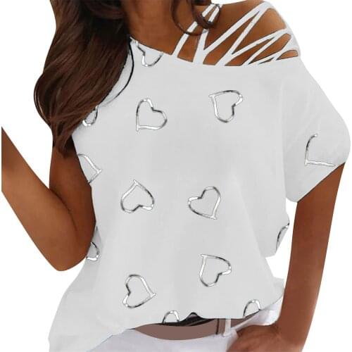Fashion 2021 Off Shouldert Shirts Female Heart Print Diagonal Collar Pullover Graphic Tee Summer Harajuku Short Sleeve T-shirts