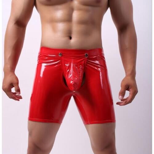 Men sexy Patent leather Long Leg Boxer gay pouch bag lingerie Red Black Green White Pink Shorts Gym Sport Underwear