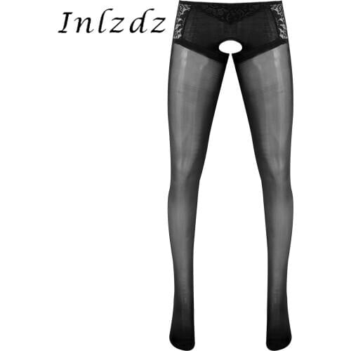Mens Lingerie Crotchless Pantyhose Sheer Stockings Sissy Nightwear See Through Lace Patchwork Stretchy Long Pants Leggings