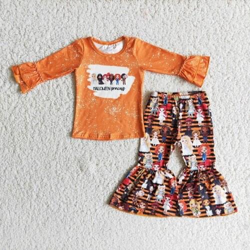 Newborn Infant Baby Girls Cartoon Orange Bleached Top Fashion Bell Pants Halloween Outfits Set Baby Boutique Clothes