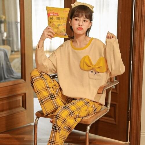 Autumn Women Pyjamas Sets Cotton Cartoon Cat Bowknot Sleepwear Korean Pijama Mujer Girl Leisure Wear Pijamas Femmema Femme