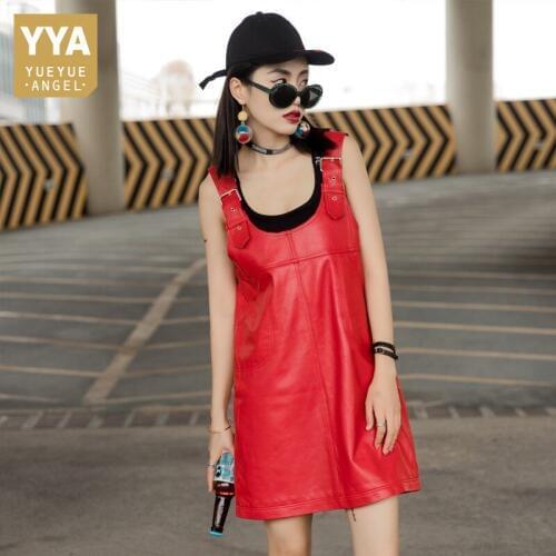 Fashion Solid Strap A-Line Genuine Leather Dress Casual Black Red O-Neck High Quality Real Sheepskin Dress Long Female Clothes