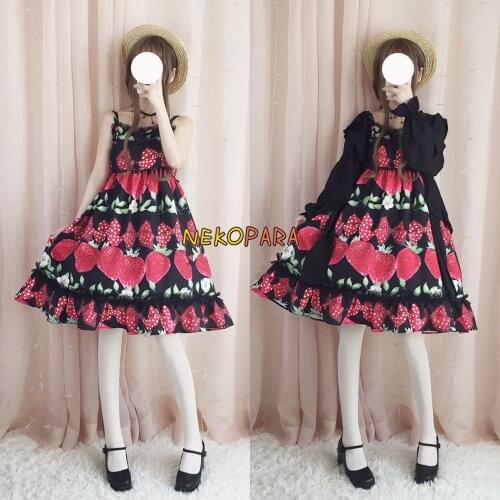 Black Strawberry Printing Sweet JSK Lolita Dress Cute Chiffon Summer Suspender Dress Lace Trim & A Detachable Bow