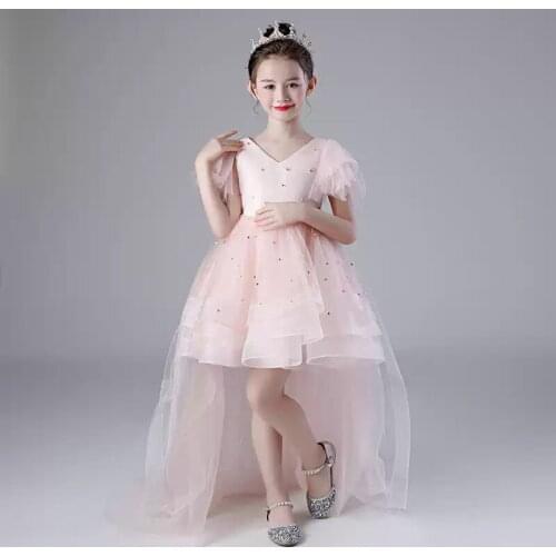 Flower Girl Dresses Illusion V-Neck Pearls Short Princess Knee-Length Tulle Lace Ruched Luxury Dark Green Kids Party Gown H437