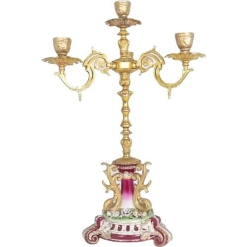 YQ29 Luxury French Style Baroque Handcrafted Copper Porcelain Candlestick Decorative White candelabra Handpainted candelabrum