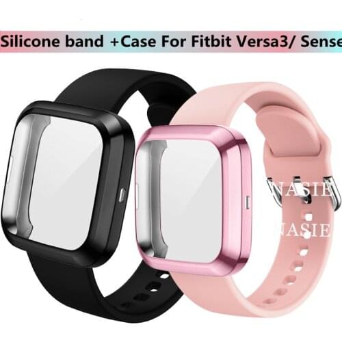 Silicone Band + Case For Fitbit Versa 3 / Sense Strap Replacement Smart Watch Soft TPU Protective Cover Full Coverage