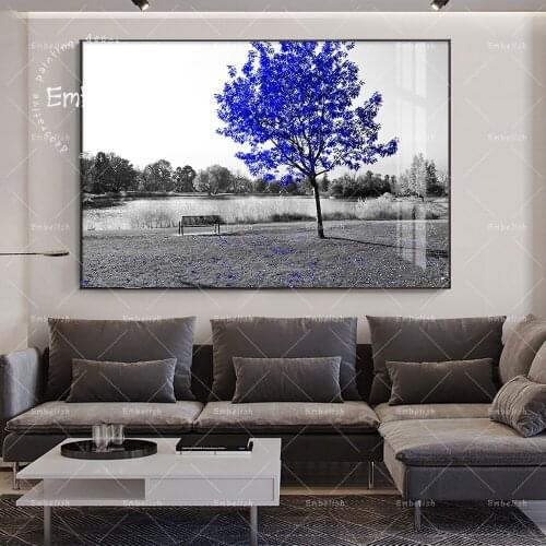 Embelish Black And White Empty Park Bench With Blue Tree Landscape Wall Art Pictures For Living Room Home Decor Canvas Paintings