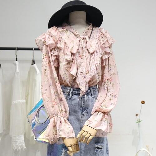 Ruffles Chiffon Women Blouse Summer New 2021 Bow Neck Flare Sleeved Loose Pink Elegant Office Lady Pulls Outwear Tops