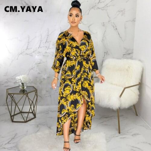 CM.YAYA Women Long Dress Print Full Sleeve V-neck Bandage Sashe Asymmetrical Loose Dresses Vintage Vestidos Autumn Outfits 2021