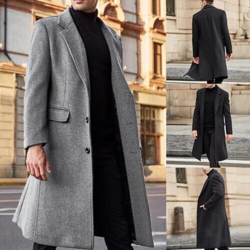 Winter Men Coats Woolen Solid Long Sleeve Jackets Fleece Men Overcoats Streetwear Fashion Long Trench Outerwear 2021 Plus size