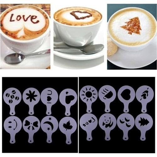16Pcs Coffee Drawing Cappuccino Mold Buttercream Spray Mold Decor Wedding Template Mold Kitchen Stencil Powder Sugar Sieve Tool