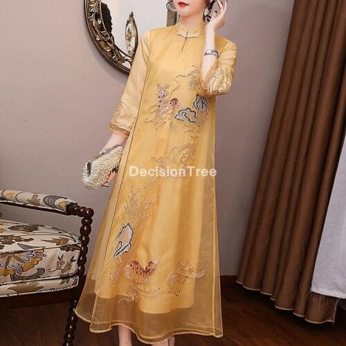 2021 chinese lace satin lady flower embroidery dresses cheongsam evening dress qipao chinese dress elegant lady party dress