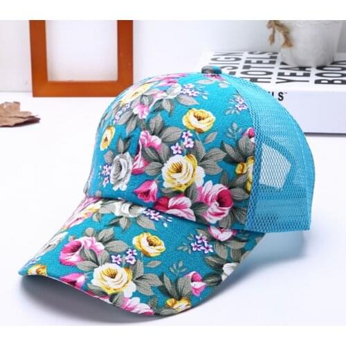 Ponytail Baseball Cap Women Floral Printed Snapback Hip Hop Hat Flat Peaked Dad Hat Breathable Mesh Sun Hat Headwear