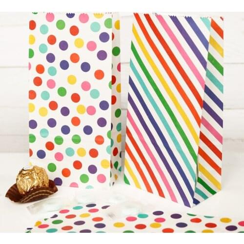 50pcs Rainbow Colorful Dot Stripe Paper Gift Bags Wedding Party Open Top Stand Up Favor Bags DIY Candy Cookie Wrapping Supplies