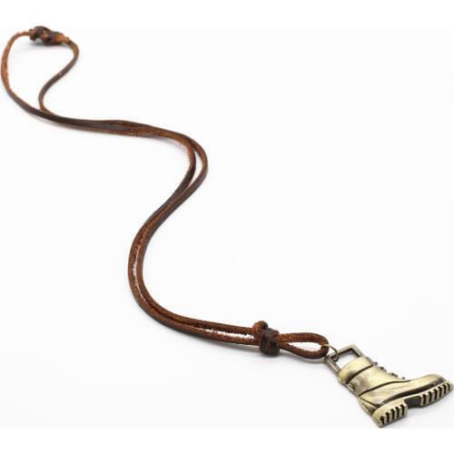 Casual Genuine Cowhide Leather Long Rope Chain Maxi Bronze Alloy Boots Pendant Men Necklace Women Homme Male Cowboy Jewelry