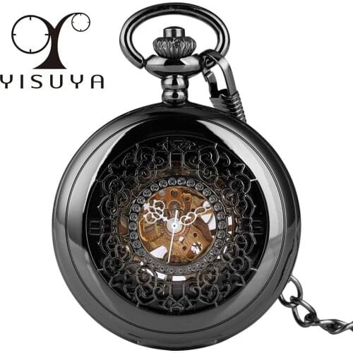 Antique Black Hollow Arabic Numerals Display Mechanical Pocket Watch Hand-Winding Retro Pocket Pendant Clock Gifts Men Women
