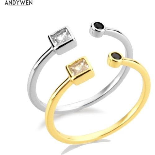 ANDYWEN 100% 925 Sterling Silver Special Gold Black Clear Open Resizable Adjustable Rings Women Luxury Wedding Gift For Party