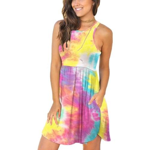 Summer Dress Womens Casual Sleeveless mini Dresses O-Neck Tie dye Print Vest Soft Beach Dress sweet Shirt Dress Vestidos