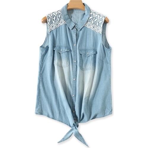 Summer women fashion slim water wash sleeveless lace patchwork denim shirt female bleached bowtie jean blouse