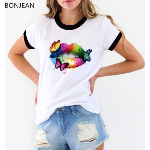 Pride Lgbt t shirt women Gay Love Lesbian sexy Rainbow lip butterflies Print shirt femme white tops tumblr clohtes female t-shir